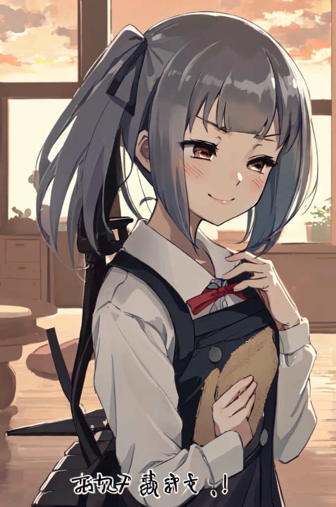 Kasumi Kai, Side Ponytail, hair ribbon, Brown eyes, 
Apron dress, shirt, ribbon, Long sleeve,
cute face, cute, cute, Very big eyes, Aesthetic Anime Eyes, Small face,
masterpiece, Highest quality,
One girl, alone, (Place your hand on your chest),
(Looking into the distance, Looking to the future, avert your eyes, Half-closed eyes),
A light smile,
(Upper Body), From the side,
port, sunrise, Backlight,