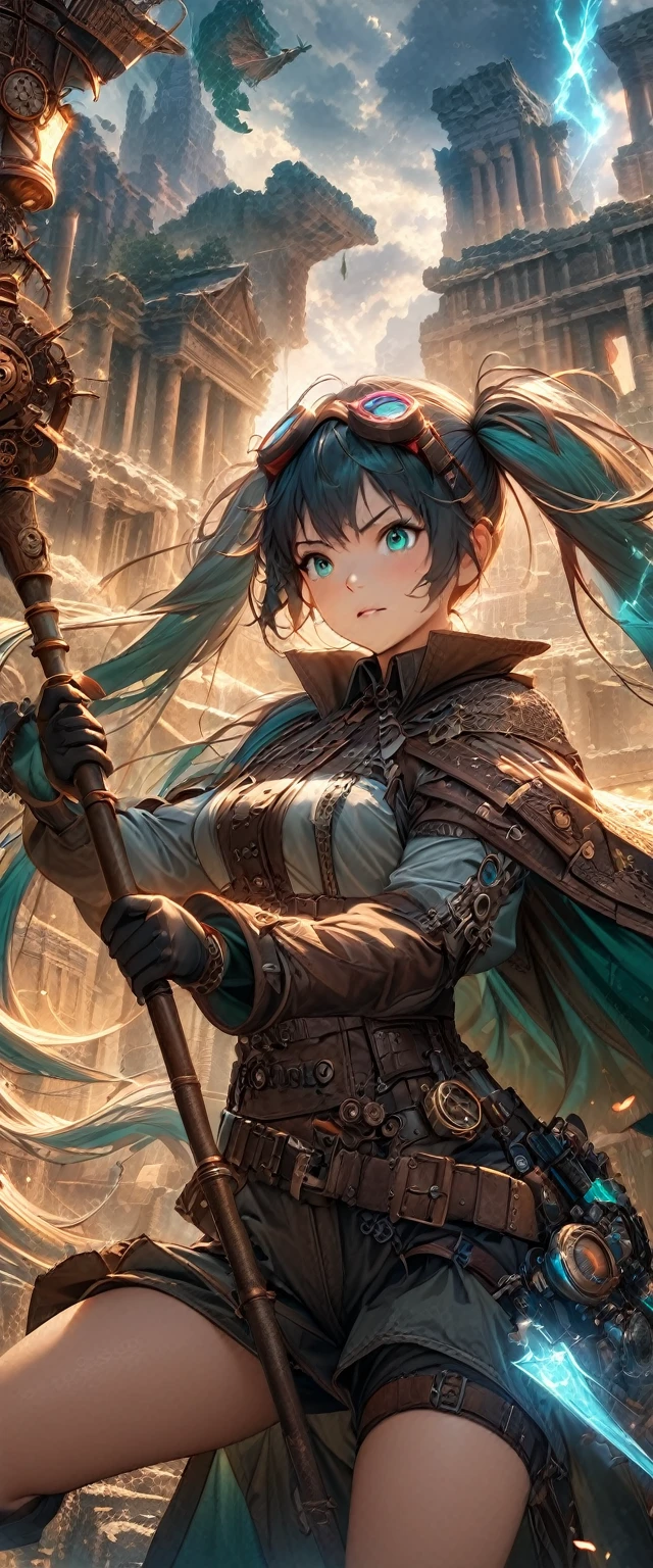 (masterpiece), (highest quality), (illustration), (super detailed), (high resolution), absurdity,1girl,Hatsune Miku as an adventurer, digital illustration, lively background, realistic lighting, best quality, vibrant colors, long flowing twin-tails, detailed eyes, flowing cape, magical aura, holding a staff, exploring ancient ruins, encountering mythical creatures, dynamic pose, futuristic gadgets, fantasy world, ethereal atmosphere, intense shadows, action-packed scene, dynamic camera angle, glowing runes, epic battle, immersive environment, mysterious artifacts, steampunk elements, intricate details, intricate costume, expressive face, stormy weather, flying dragons, ancient temples, mystical energy, breathtaking landscapes