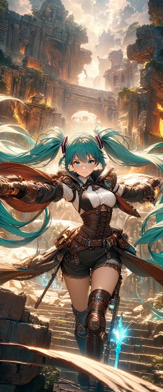 (masterpiece), (highest quality), (illustration), (super detailed), (high resolution), absurdity,1girl,Hatsune Miku as an adventurer, digital illustration, lively background, realistic lighting, best quality, vibrant colors, long flowing twin-tails, detailed eyes, flowing cape, magical aura, holding a staff, exploring ancient ruins, encountering mythical creatures, dynamic pose, futuristic gadgets, fantasy world, ethereal atmosphere, intense shadows, action-packed scene, dynamic camera angle, glowing runes, epic battle, immersive environment, mysterious artifacts, steampunk elements, intricate details, intricate costume, expressive face, stormy weather, flying dragons, ancient temples, mystical energy, breathtaking landscapes