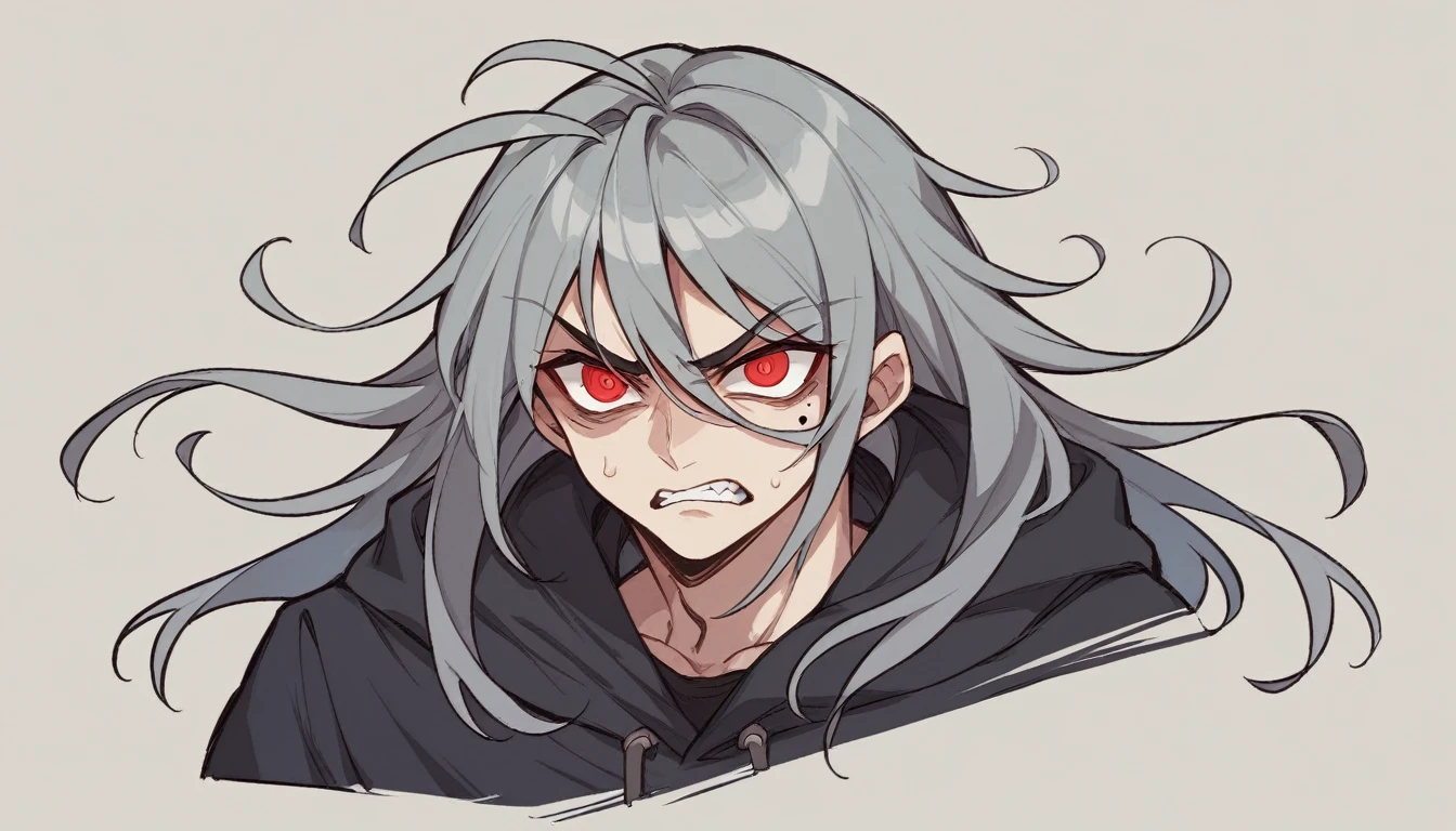 1  character。gray hair color、Glowing red eyes、Long Hair、There is a mole under the left eye。Frowning、An angry expression with sharp eyes。On a transparent background、Depict people only。