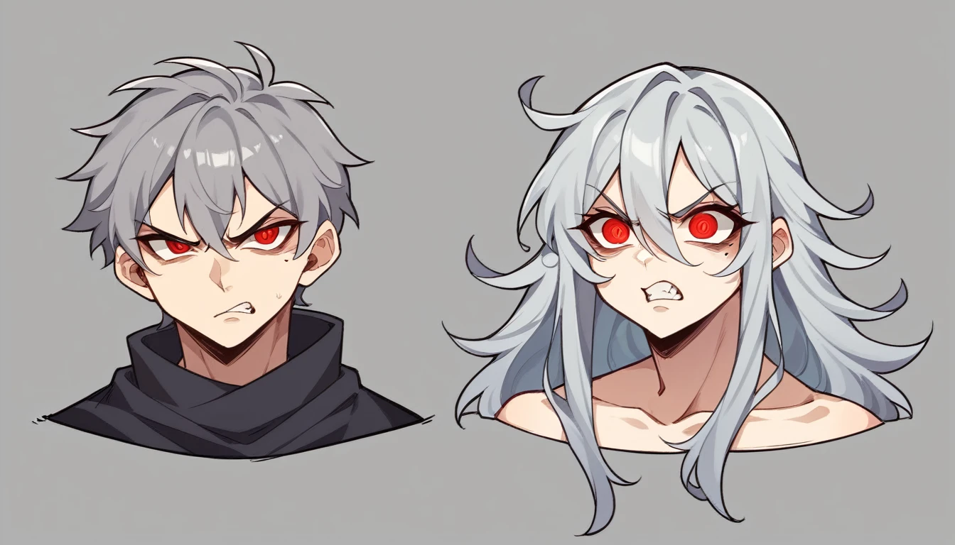 1 teen girl character。gray hair color、Glowing red eyes、Long Hair、There is a mole under the left eye。Frowning、An angry expression with sharp eyes。On a transparent background、Depict people only。