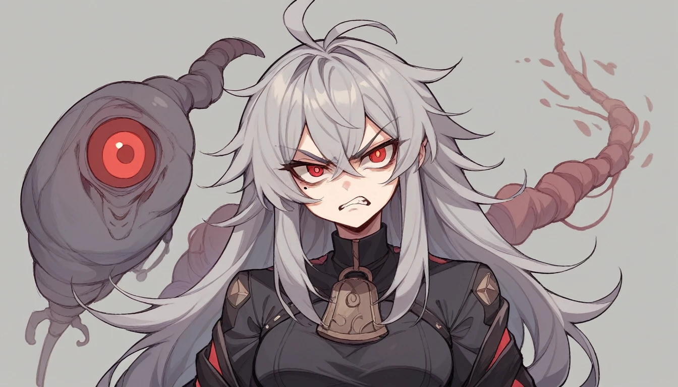 1  character。gray hair color、Glowing red eyes、Long Hair、There is a mole under the left eye。Frowning、An angry expression with sharp eyes。On a transparent background、Depict people only。