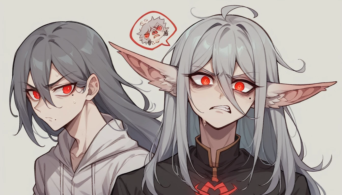 1 teen girl character。gray hair color、Glowing red eyes、Long Hair、There is a mole under the left eye。Frowning、An angry expression with sharp eyes。On a transparent background、Depict people only。