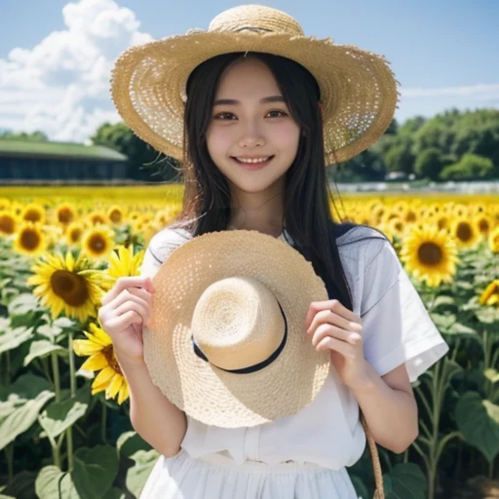 Japanese、18-year-old、Very slim、((Smiling))、Tシャツ、短パン、Blue sky、White cloud、sunflower、Straw hat