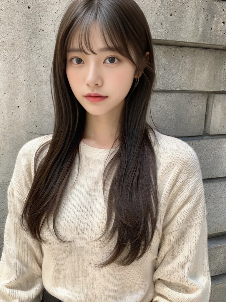 "(highest quality、16K resolution)"1 girl、solo、natural soft light、、Upper body、japanese woman、((Don't look at the camera))white long sleeve knit、((Concrete background))facing the front、Versatile poses、standing、beaver、woman in her 30s、light bangs、short hair、salon model、natural look、Portrait、floating hair、curled hair、(constricted hair)