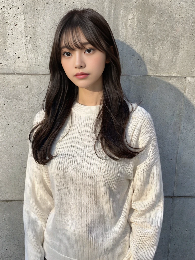 "(highest quality、16K resolution)"1 girl、solo、natural soft light、、Upper body、japanese woman、((Don't look at the camera))white long sleeve knit、((Concrete background))facing the front、Versatile poses、standing、beaver、woman in her 30s、light bangs、short hair、salon model、natural look、Portrait、floating hair、curled hair、(constricted hair)