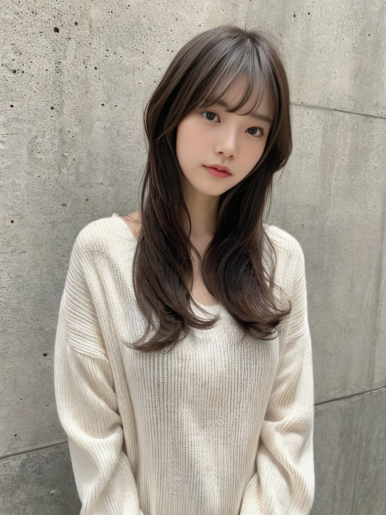 "(highest quality、16K resolution)"1 girl、solo、natural soft light、、Upper body、japanese woman、((Don't look at the camera))white long sleeve knit、((Concrete background))facing the front、Versatile poses、standing、beaver、woman in her 30s、light bangs、short hair、salon model、natural look、Portrait、floating hair、curled hair、(constricted hair)