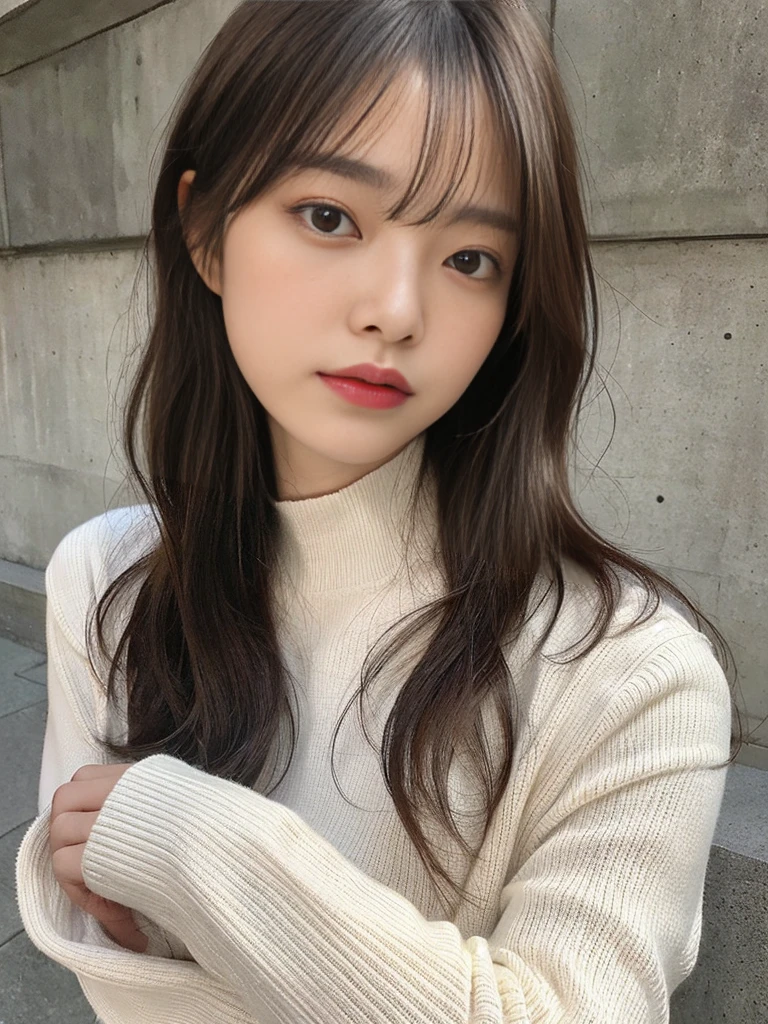 "(highest quality、16K resolution)"1 girl、solo、natural soft light、、Upper body、japanese woman、((Don't look at the camera))white long sleeve knit、((Concrete background))facing the front、Versatile poses、standing、beaver、woman in her 30s、light bangs、short hair、salon model、natural look、Portrait、floating hair、curled hair、(constricted hair)