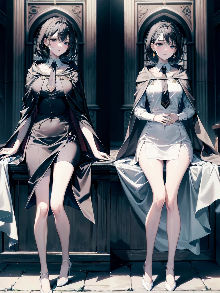 absurdres, RAW photo, extremely delicate and beautiful, masterpiece, Best Quality, ultra high resolution, 32k, hyperrealistic, ultra-detailed, delicate facial features, beautiful detailed woman, tearful mole, earring, medium breasts, (full body shot), medium hair, black hair, hogwarts teacher, curious, necktie, cloak,
