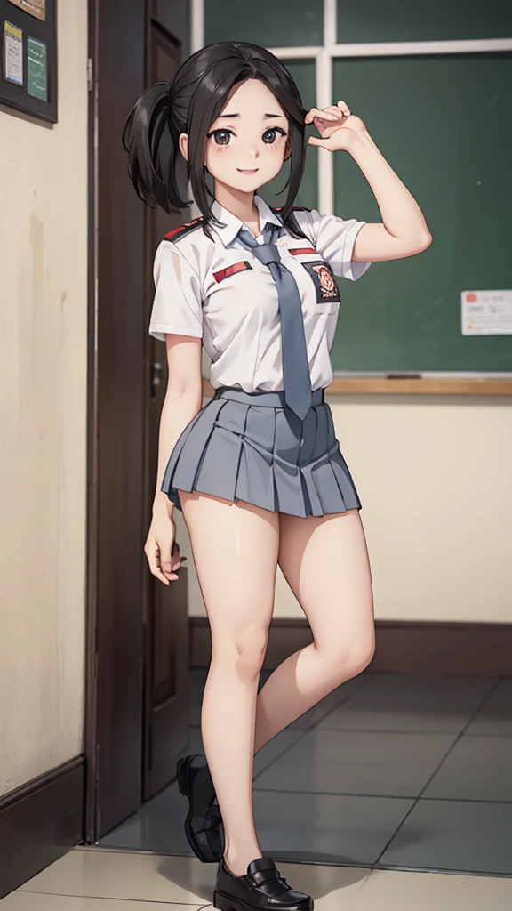 plump body, black eyes, Indonesian high-school uniform, white shirt, osis logo on shirt pocket, small big breasts, grey pleated skirt, full body shot, smiling, in the classroom, naked, nude, Momo Yaoyorozu | My Hero Academia