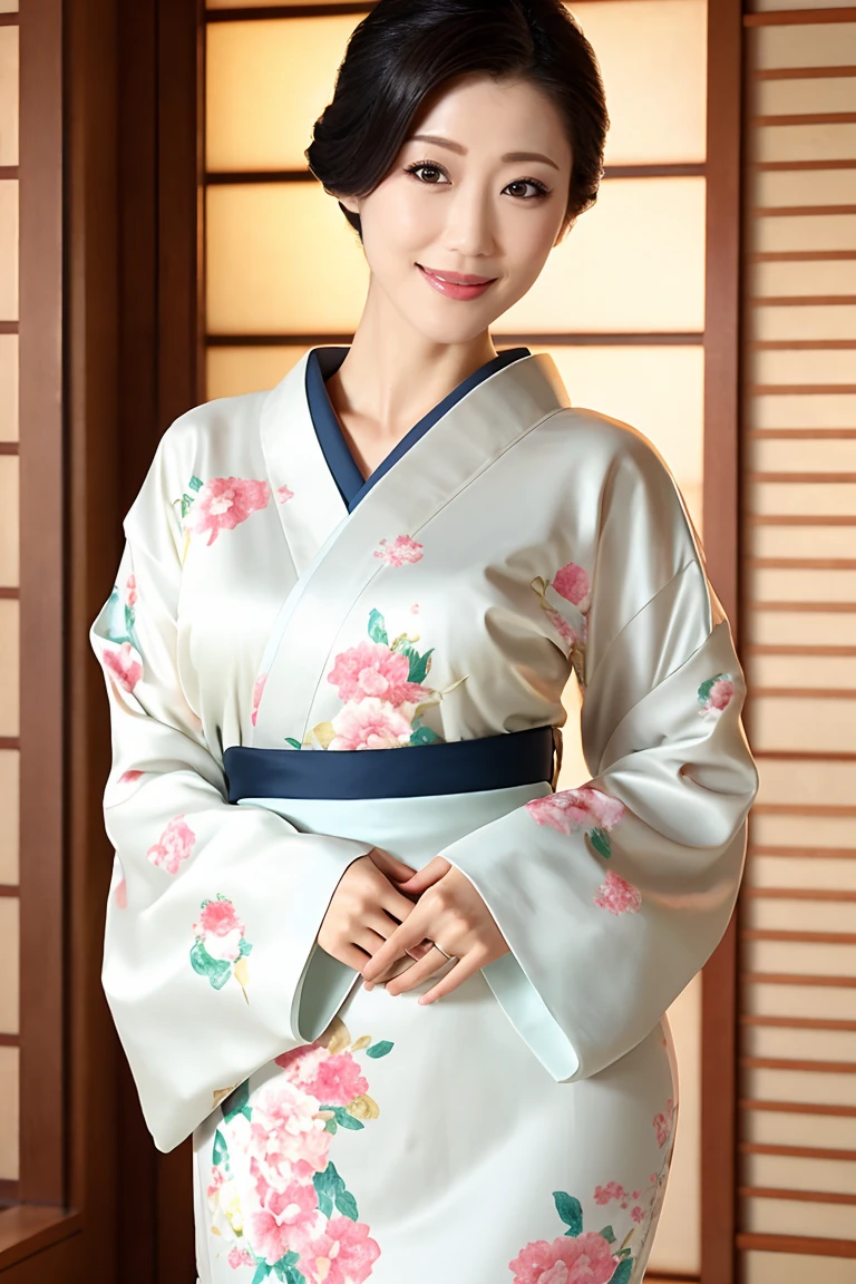 (Highest quality、Tabletop、8K、Best image quality、Award-winning works)、(One beautiful mature woman:1.1)、Mature Face、(Innkeeper:1.1)、(Elegant floral kimono:1.2)、(A kimono with a perfect and precise collar:1.2)、Perfect mature woman portrait photo、Glowing Skin、Standing Elegantly、(Blurred elegant and exquisite perfect Japanese style room background:1.3)、(The most natural and perfect tidy Japanese style room background:1.2)、Glowing White Skin、Very white skin、(Accentuate your body lines:1.1)、(The most graceful posture:1.2)、(Large Breasts:1.2)、The perfect smile、Perfect beautiful glossy lips、(Accurate anatomy:1.1)、(A perfect and elegant long sleeve kimono:1.1)、(Standing with good posture:1.1)、Close-up of face