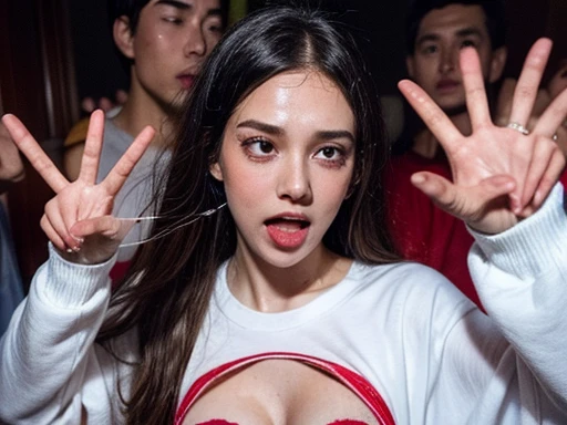 (Vulgar),Sex Addicted ,Super Breasts,Sweaty skin,(Drooling:1.2),Orgasm juices,Near fainting,Vaginal discharge,A woman who was sexually assaulted,Blowjob, how,Making a peace sign,throw,He accomplished it., (Sweaty chest:1.3),Locked Room,crowd