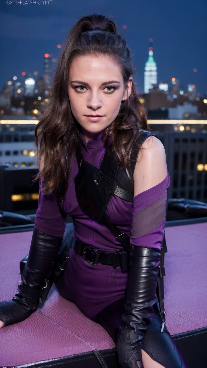 (masterpiece), (photorealistic1.4), (epiCRealLife), (lora:KateBishopFNLoRA:1.0 ribbed bodysuit costume), (KateBishopFNLoRA black leather pants), (KateBishopFNLoRA utilities belt), (leg holster) (KateBishopFNLoRA black gloves), (Kate Bishop Purple Costume),, (epiCFlashPhoto), (harness), (medium height), ((lora:KateBishopFNLoRA bow & arrow), (ponytail), (young woman), ,(flashphoto), (flash photography), (make up),(kst3w-v2 laugh), (Kristen Stewart laugh ),(pose for picture), (black boots), (at night, (on New York Rooftop), (New York Cityscape), (sitting on roof),