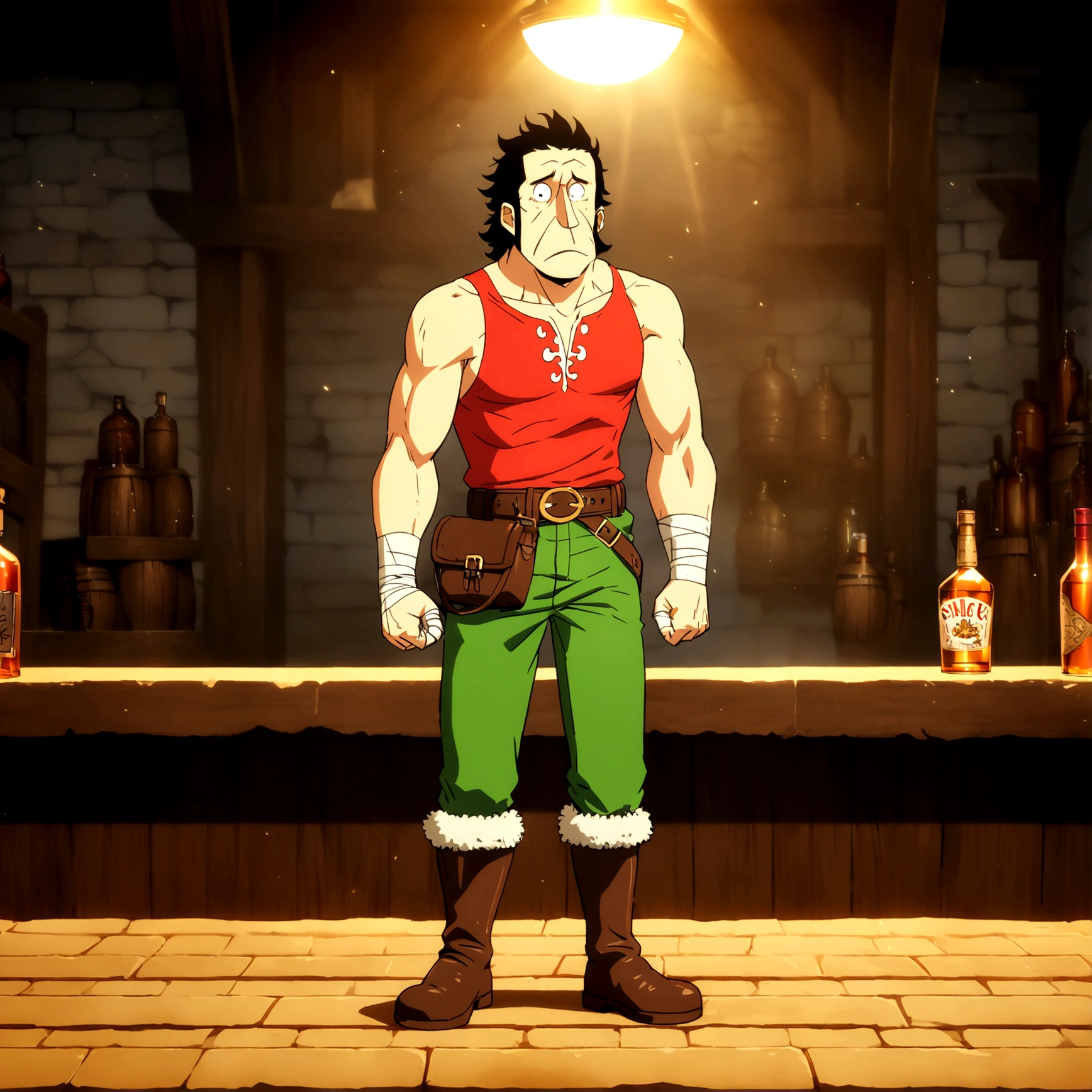 35-year-old man, unkempt appearance, small and stocky build, disheveled hair and shrewd eyes, pointed nose, round eyes, tired look due to drinking, hands wrapped in bandages, simple and worn clothing consisting of a short tunic, trousers and light boots, carries a small leather bag attached to his belt, probably filled with small bottles of liquor, TAVERN SCENERY, "Anime design inspired by One Piece, filled with dramatic and impressive lighting, infused with creative details, ultra-fine 2D design, scenery bathed in creativity, boasting 2D anime resolution clarity, HD anime graphics, high-octane rendering"