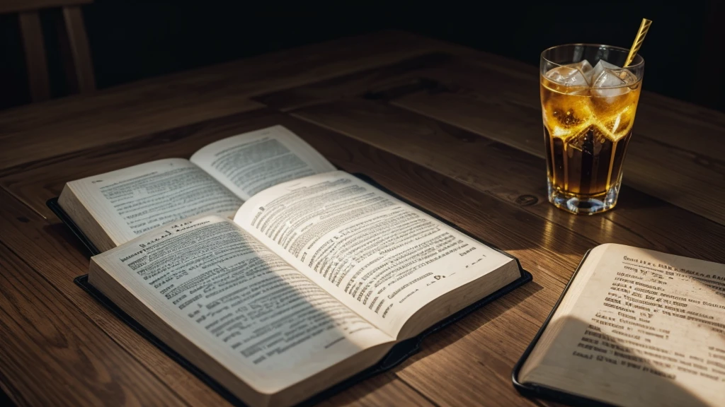 creates a bible on a table and a glass of water next to it with golden tones in the image with a dark background