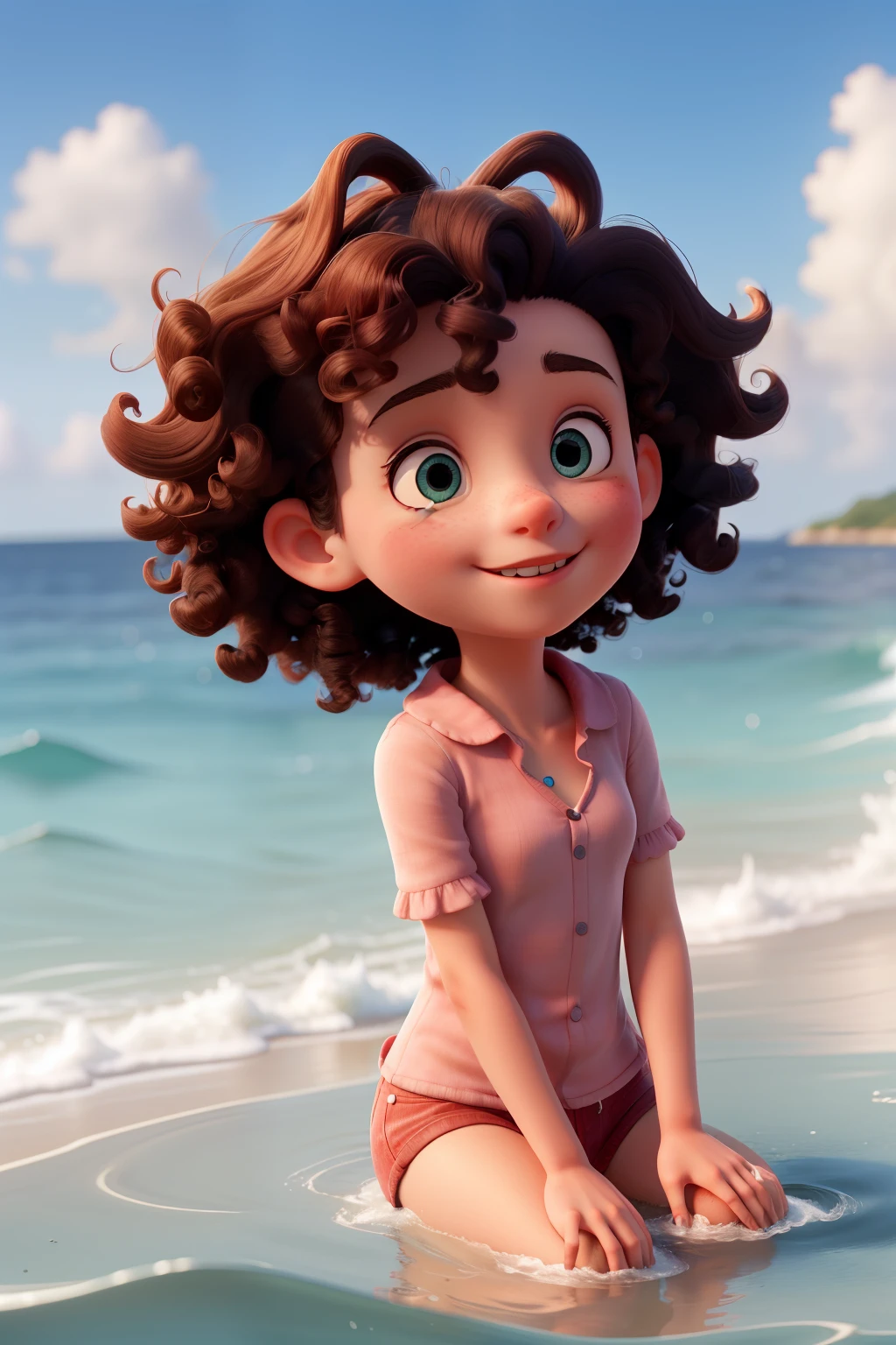 A girl in the sea watching a curly-haired boy 