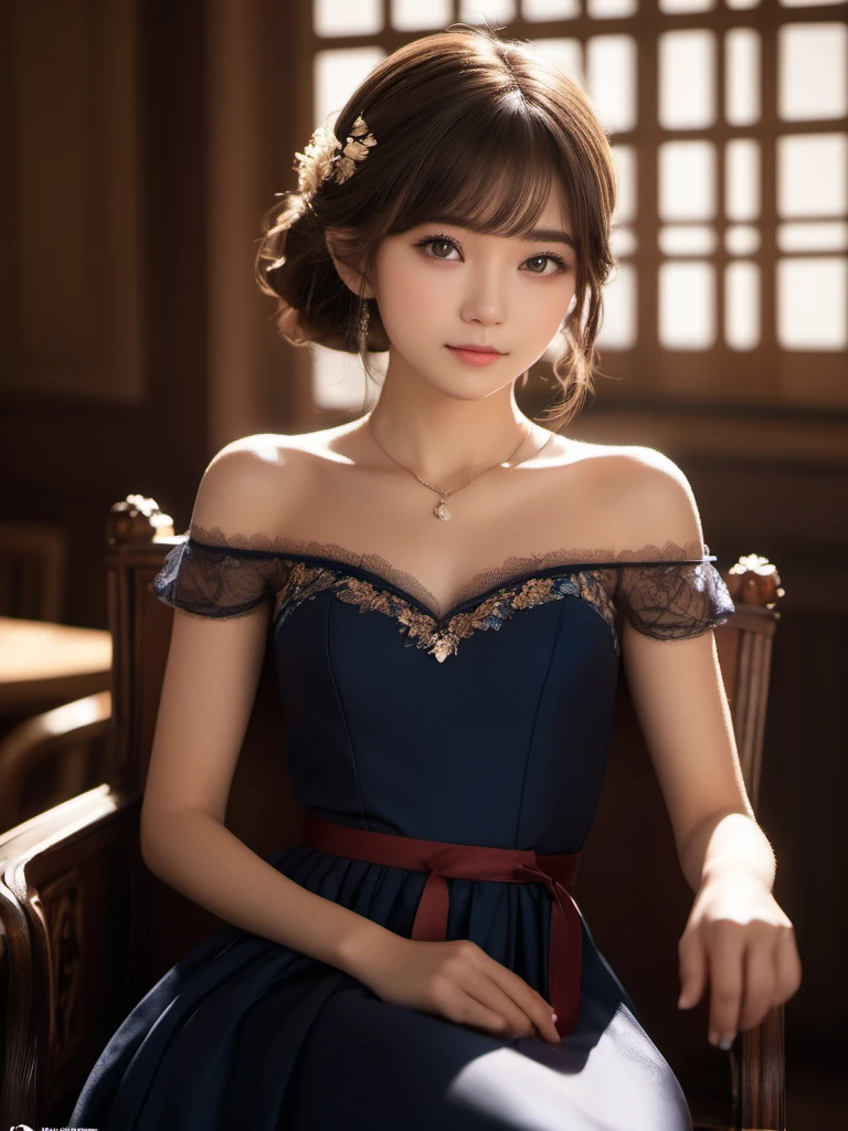 1 Japanese_woman,(Age 25), alone, cute, (Brown eyes ,Capture the light:1.5), Natural Skin, (Brown Hair), indoor ,(A shy smile), Sit on a chair,(thin formal dresses),
Tenebrism, (Dramatic lighting:1.2), Deep Shadow, Impressive highlights, Strong contrast, Baroque influence