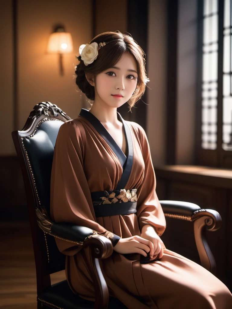 1 Japanese_woman,(Age 25), alone, cute, (Brown eyes ,Capture the light:1.5), Natural Skin, (Brown Hair), indoor ,(A shy smile), Sit on a chair,(thin formal dresses),
Tenebrism, (Dramatic lighting:1.2), Deep Shadow, Impressive highlights, Strong contrast, Baroque influence