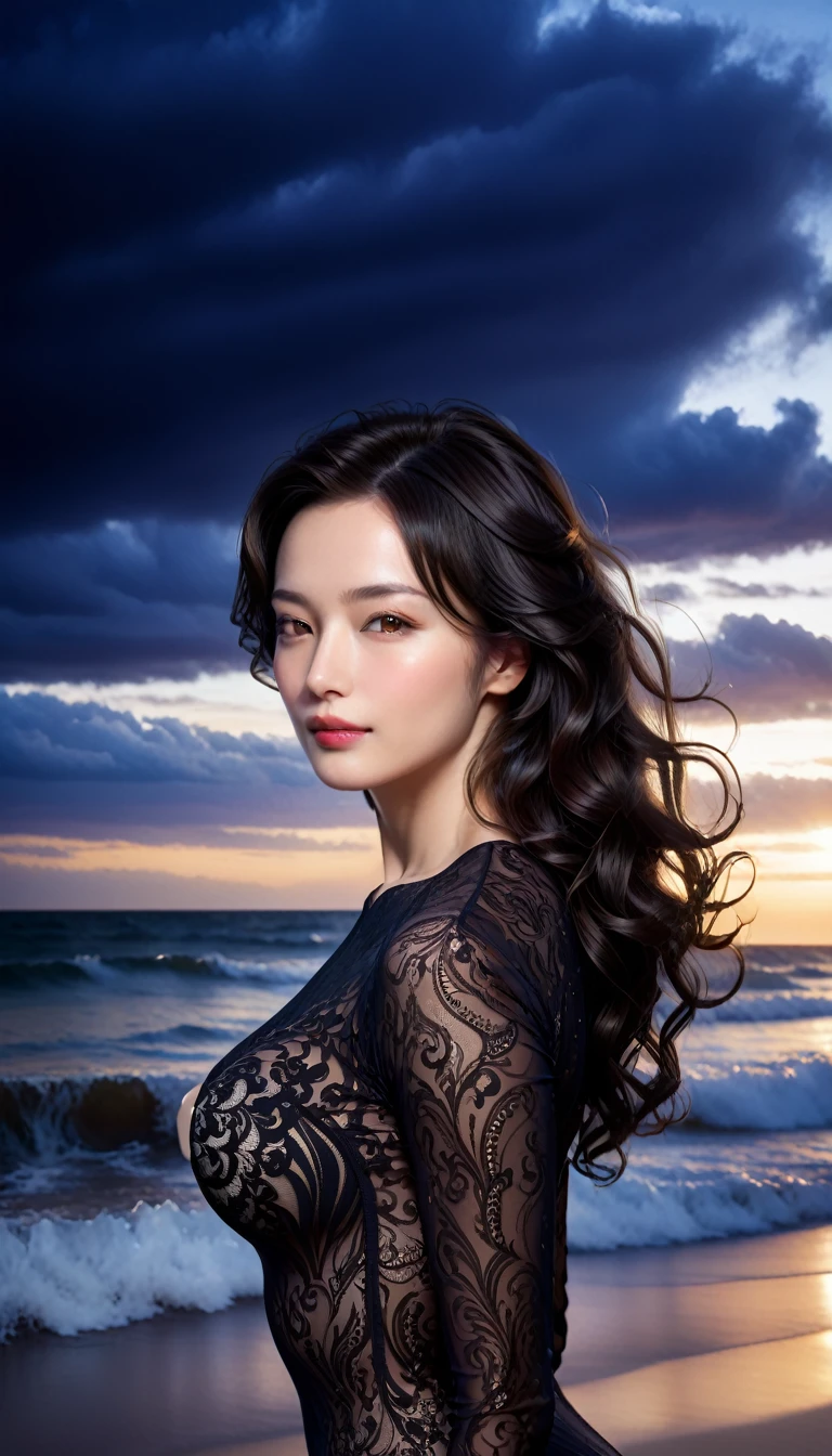 ((Masterpieces with up to 16K resolution:1.6)),Highest quality,it is really amazing,Very detailed,Ultra-high resolution,(Real:1.5),(Realistic:1.5),Increased depth of field,Cinematic Light,
Elegant mature woman,
Wavy black long hair,(Exquisitely detailed face:1.5),Face with a gentle expression,Translucent white skin,Very sensitive skin,Great proportions,Anatomically correct body,
Elegant high leg swimsuit,Artistic design,Beautiful and detailed pattern,Detailed fabric texture,Luxurious ornaments,
Coastal landscape at dusk,Dark clouds and dark sky,delay々Continuing sandy beach, Deserted Beach,Dark sea surface,
(Dramatic perspective:1.5),