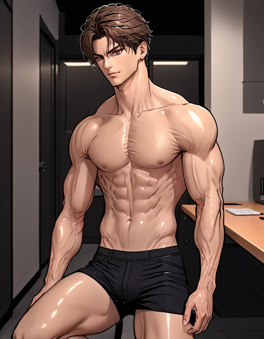 in hentai+ yaoi+anime style (( wearing super small shorts, fullbody)) hd, 8k resolution, FULLBODY, 16k resolution, hd, fullbody, ((view from the front))
A young man, ((perfect erected curved detailed penis)) latino, cinnmon skin, thin face, straight nose, thin lips, square chin, large black eyes, short black, wavy hair, in roberto ferri style, aesthetic slim athletic body, very tall, latino, realistic skin, gorgeous, realistic detailed tonned muscles, barefoot, perfect anatomy, muscled fitness body, 195cm tall, realistic skin, skinny realistic detailed muscles , he is , small erected bulge sitting with spread legs on a desk next to an art deco desk with a orange laptop barefoot, perfect detailed feet, relaxed body lenguaje, relaxed face expresion. ((side view, storbe lighting, Leading Lines composition )) background art deco foffice, with shelves with large windows to see a lighthouse