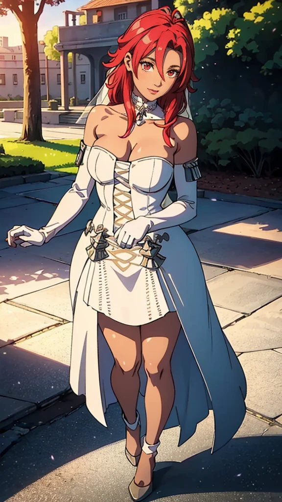 (((full body photo))),1 girl's hair between her eyes, looking at camera, red eyes, red hair, star \(symbol\), hair ornament, dress, cleavage, bare shoulders, collarbone, long white elbow gloves, white gloves, white dress, white choker, strapless, tiara, veil, strapless dress, wedding dress, wedding veil, beautiful woman, perfect body, perfect breasts, wearing a wedding dress, wedding dress prom, trees in the park, wedding decorations, a passionate smile, realism, masterpiece, textured skin, super detail, high detail, high quality, best quality, 1080p, 16k