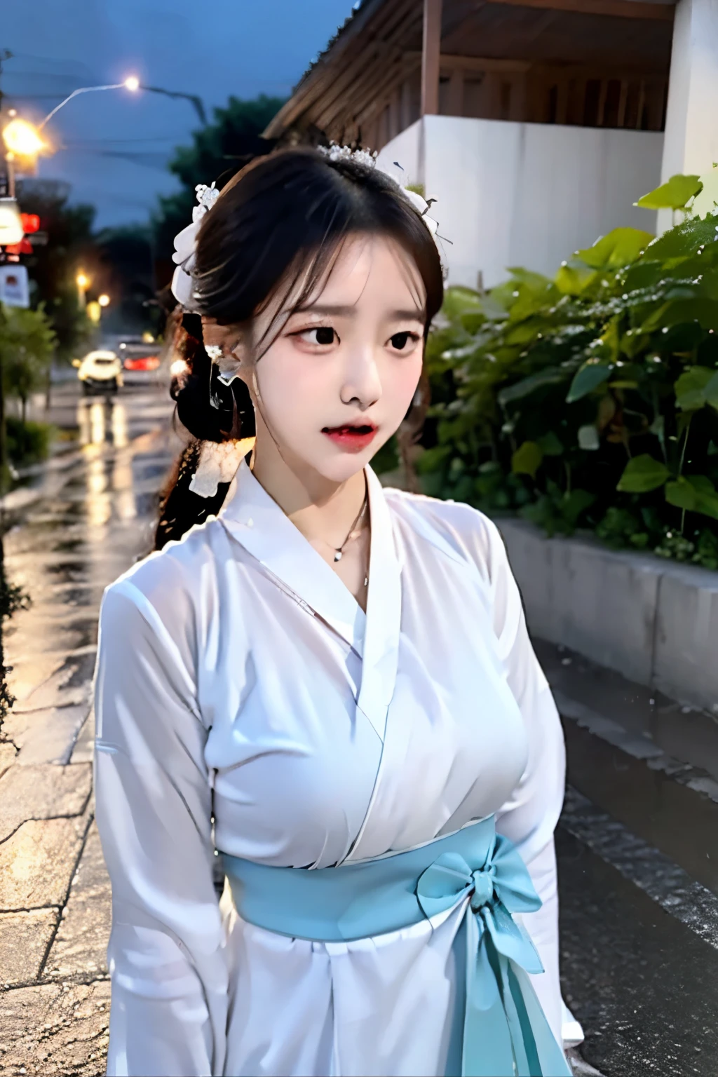 Rainy street background , poor woman, Dressed in a hanbok, crying

