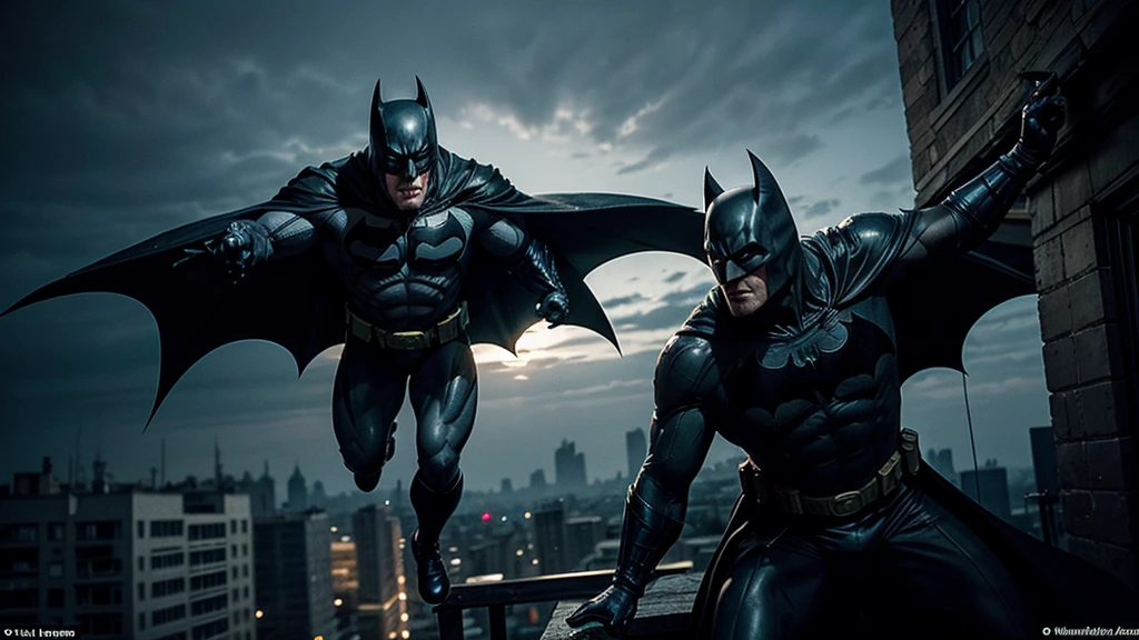 Creates a realistic, dark image of an older Batman inspired by the comic 'The Dark Knight Returns'. He displays a full-body action pose of a grey-haired and muscular Batman, his suit worn from years of battle. Batman must be on top of a building, gliding with his cape, throwing a batarang, or hanging from a rope. He highlights the age lines on his face, showing his determination and experience. The background should be a dark and gloomy Gothic city, with dramatic lighting that emphasizes the intensity of the scene. Capture the epic, almost mythical nature of an aging Dark Knight still fighting for justice.