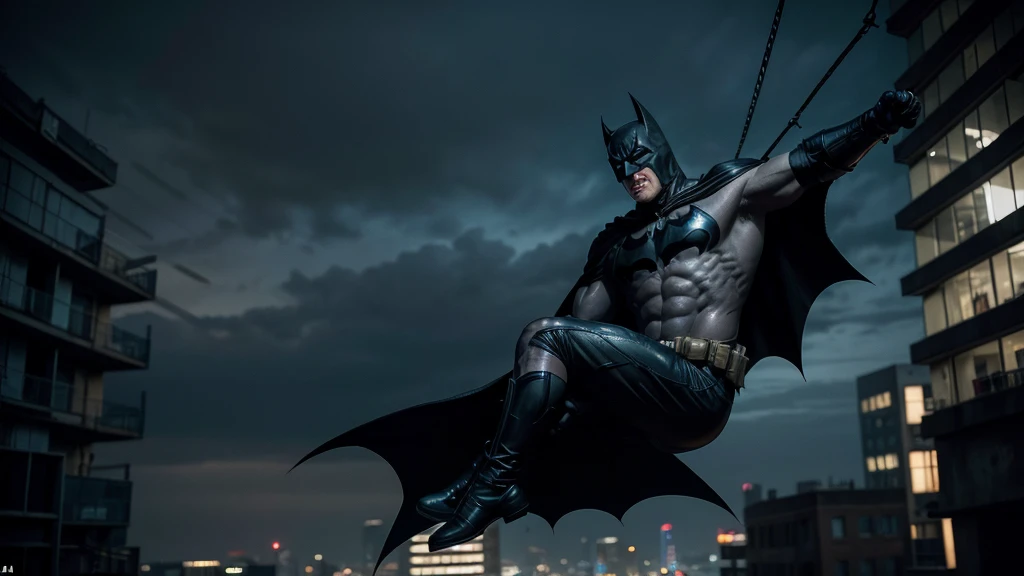 Creates a realistic, dark image of an older Batman inspired by the comic 'The Dark Knight Returns'. He displays a full-body action pose of a grey-haired and muscular Batman, his suit worn from years of battle. Batman must be on top of a building, gliding with his cape, throwing a batarang, or hanging from a rope. He highlights the age lines on his face, showing his determination and experience. The background should be a dark and gloomy Gothic city, with dramatic lighting that emphasizes the intensity of the scene. Capture the epic, almost mythical nature of an aging Dark Knight still fighting for justice.