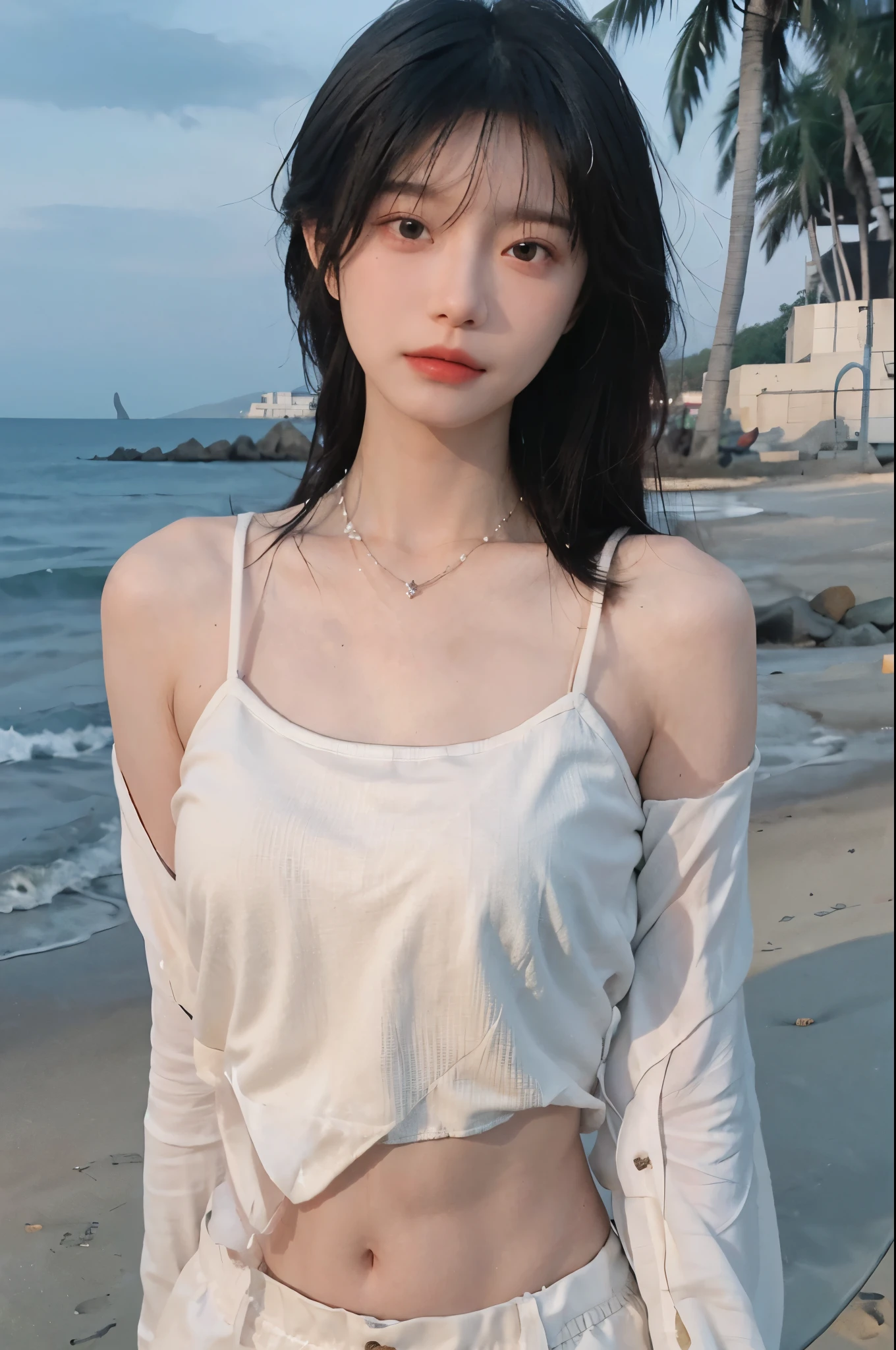 Best quality，Ultra-high resolution，（lifelike：1.4），Cute hairpin，2girll，Long curly hair，jk，Blush，Slim beauty：1.4，Visible abdominal muscles，on the beach，Ultra-fine face，Exquisite eyes，Double eyelids，necklace