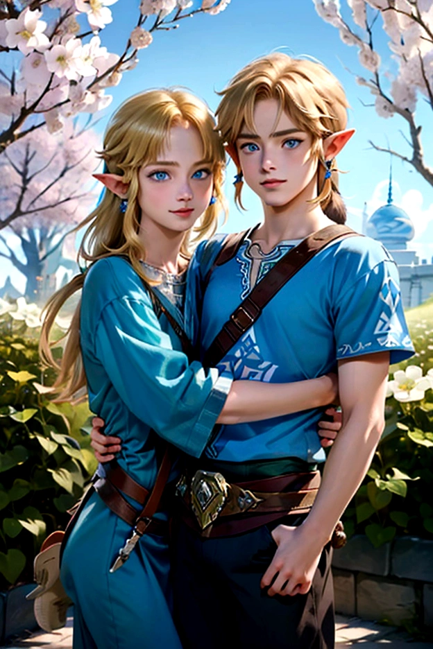 ((artwork)), (Highest quality), (detailed), ((1 boy)), (Link to the Legend of Zelda), smile, A short-haired, blue-eyed boy and a long-haired, blonde girl are hugging each other, Spring season, Bright colors