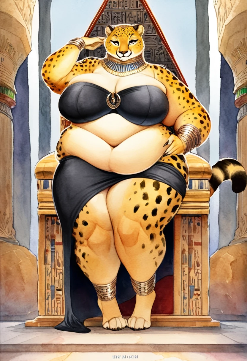 cover page, highres, top quality, best quality, paid reward available, unparalleled masterpiece, perfect artwork, absurdres, High-quality illustrations, watercolor, soft color, big Height, perfect anatomy, smile, sexy, Female cheetah, fat, fat belly, fat thighs, fat arms, lovehandles, big breasts, silver eyes, golden yellow fur, black cheetah markings, black dress, silver earrings, silver bracelets, silver rings, silver necklaces, golden borders, throne, Egypt, goddess, servants of assorted species