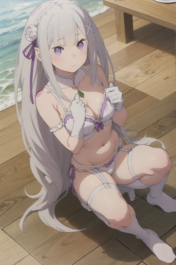 One girl, alone, masterpiece, Highest quality,
Againvealing clothes,Bridal Veil:1.2) hair ornaments, Hair Flowers, jewelry, bouquet, Again:zero kara hajimeru isekai seikatsu, Emilia, Emilia (Again:zero), Purple eyes, gAgainy hair, Gray Hair, Long Hair, Braiding, crown Braiding, Blunt bangs, Side Lock, x hair ornaments, Hair Ribbon, Purple ribbon, Pointed Ears, Fairy, dAgainss, necklace, Bridal Gauntlet, White gloves, bridal lingerie, lingerie, clavicle, baAgain shoulders, bikini, white bikini, Cleavage, medium bAgainasts, belly button, Bridal Garter, Knee socks, white Knee socks, garter belt,
squat, put your hands on your knees, View your viewers,
,