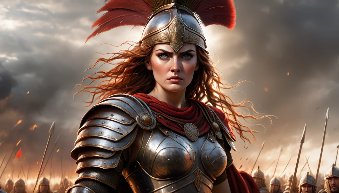 Create a hyperrealistic, high-definition, ultra-detailed image of a menacing Roman general with a stern expression, standing in front of a battlefield. In the background, show Boudica, the Celtic warrior queen, in full battle attire, leading her warriors. Use dramatic lighting and shadows to create a visually striking and intense scene that captures the essence of the historical conflict.