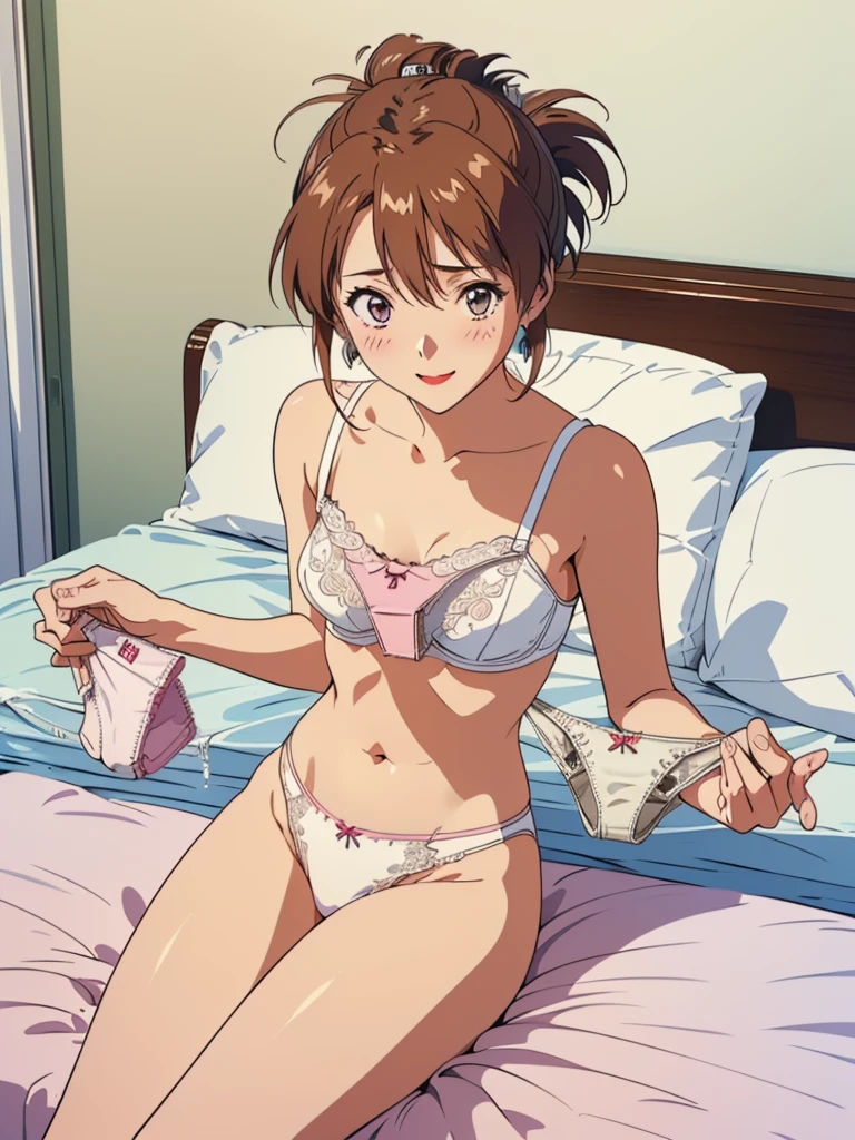 masterpiece, top quality, ultra detailed, ((((AIKA_SUMERAGI, folded ponytail, best anatomy, in underwear, (panties, elaborately designed luxury panties for adults, panties high definition images, draw panties with super precision), lace trimmed bra, extremely detailed texture, earrings, red lip, embarrassed, blush, smile)))), cowboy shot, (((underwear in bed room))), white skin, (presenting panties), (display panties),holding panties with both hands,(panties taken off:1.5), (panties are on bed:2.0), from above