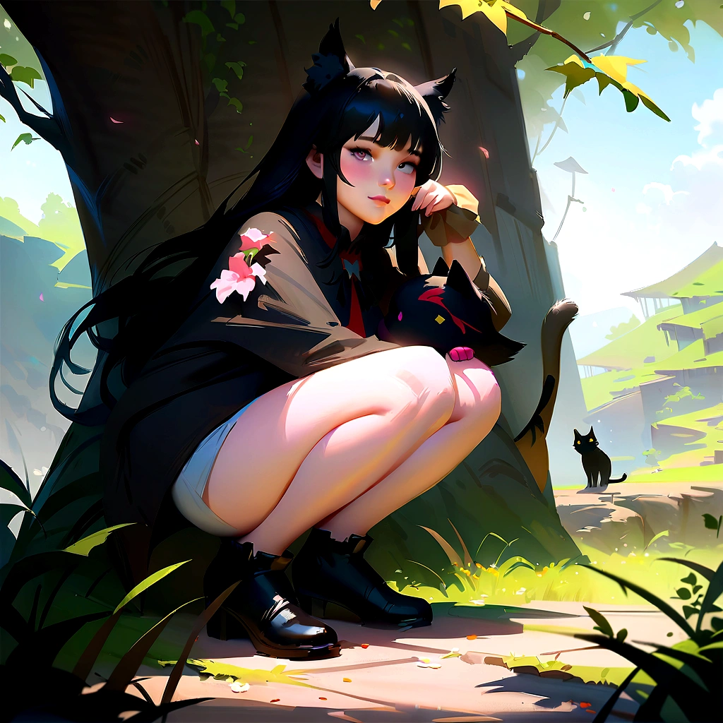 anime girl with black hair and black cat ears squatting on the ground, artwork in the style of guweiz, the anime girl is crouching, guweiz, anime style 4 k, beautiful anime catgirl, anime girl with cat ears, very beautiful anime cat girl, (anime girl), cute anime catgirl, guweiz on pixiv artstation