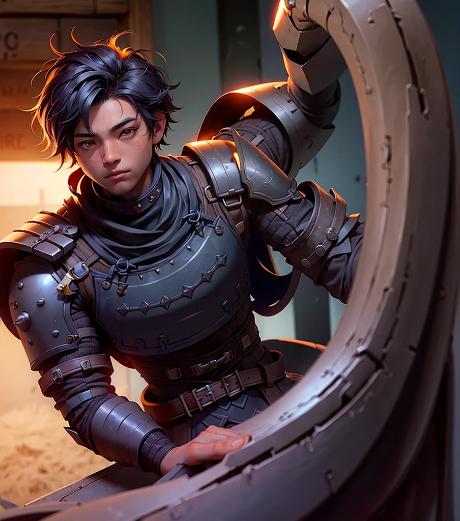 1boy, blacksmith, black hair , with iron armor