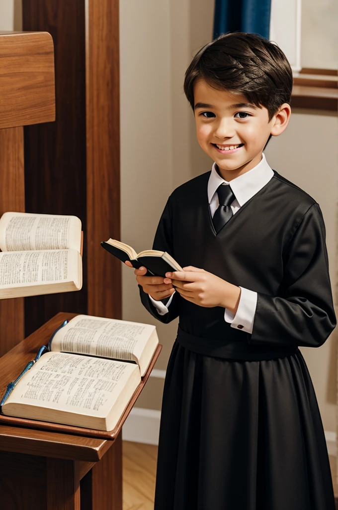 Create a Pixar-type drawing of a  making his first communion in a full-body black dress, smiling and with a Bible in his hand. 