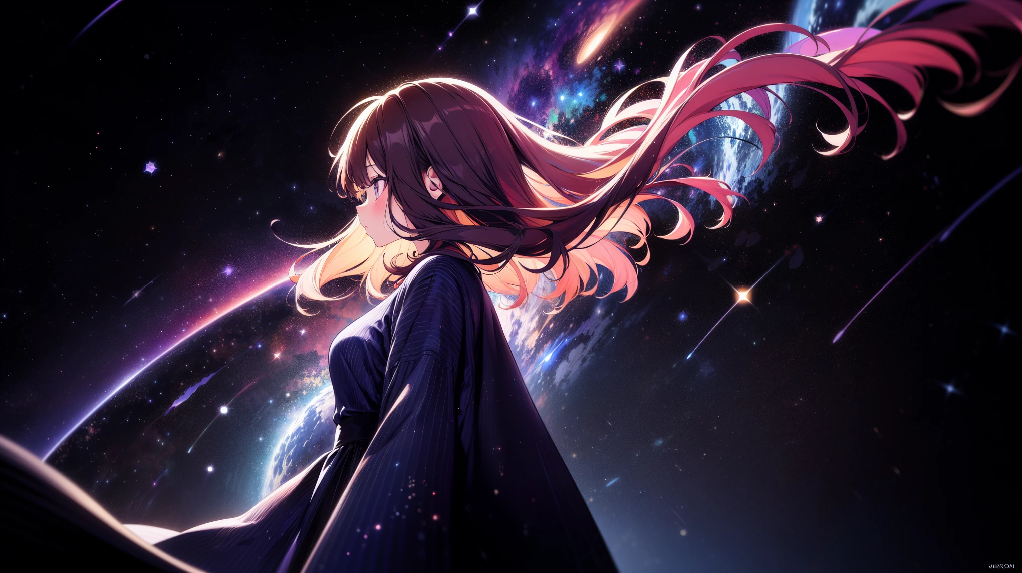 side view, upper body, (best quality, ultra-high resolution, depth of field:1.2), Girl wearing starry dress, The Milky Way stretches to the horizon,Elegant twirl in long skirt,deep indigo and violet shades, A feeling of wonder and vastness of the universe, illustration, oil painting on canvas,