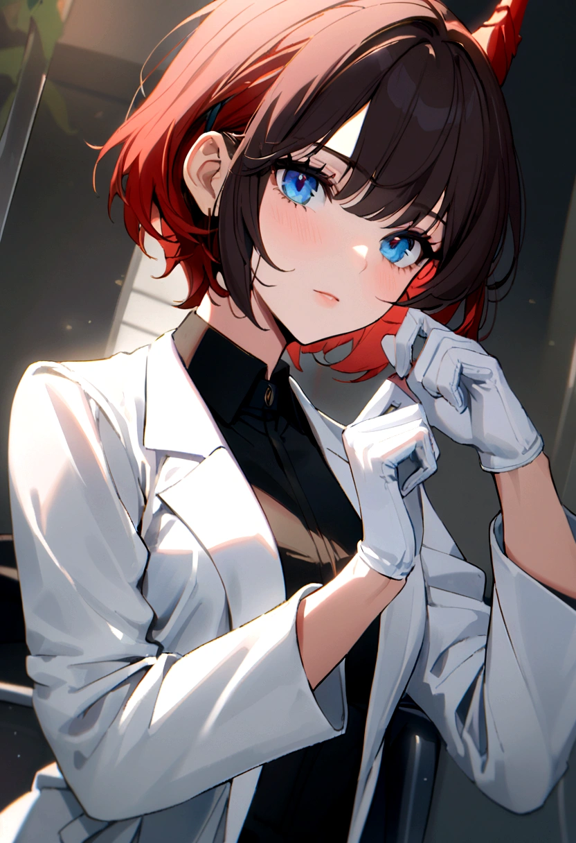 1dirl, white lab coat, lab coat, white glove, dark hair, red hair, short hair, blue Eyes, dragon horn