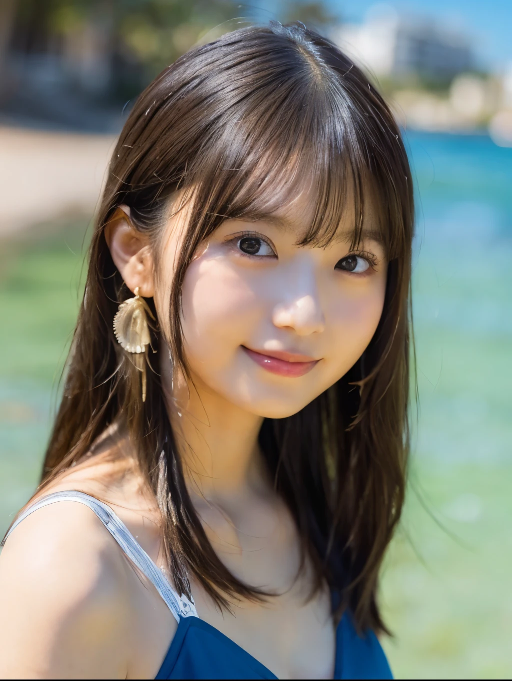 High resolution,
One beautiful young woman,
(soft saturation: 1.3), (fair skin: 1.2),
(ultra-detailed background, detailed background), bokeh,
Portrait of smiling girl breaking. When viewed from the front, the composition is symmetrical.
Look straight at you with serious eyes and break
yellow swimsuit, yellow bikini, middle breast,
outdoor, sea surface, sky, sunshine, summer beach, sand,
strong light, front light,
(Teenager: 1.3), (Cowboy Shot: 1.2), Break
angle from the front,
Look at the viewer,
Dynamic Pose,
Sitting on the beach

Wakame, wakame, wakame, wakame, wakame, wakame, wakame,From the waist to the upper body、smile、smile、、((No makeup))、(Realistic、Photorealistic、Ultra-detailed、Best detailed skin、Highest quality、masterpiece、超A high resolution)、cute日本の女性、16 years old、High school girl、Young girl、1 girl、bangsがある、double eyelid、Drooling eyes、Big black eyes、attractive、purity、cutesmile、なsmile、Watch it here、Realistic肌タイプ、Fluffy hair、Red cheeks、The wind is blowing、illumination、The light is coming from behind、Medium Bob Cut、smile、smile、Eye Focus、SONY Camera、
cute, ultra-Detailed Chest, figure, Complex, Detailed Chest, extremely Detailed Chest, Detailed Chest face, Soft Light, Soft Light, Soft Focus , Perfect Face, beautiful, Accurate anatomy, Exposure, 8K, 4K, (High resolution: 1.1), Highest quality, (Mastepiece: 1.3), 1 girl, alone, jewelry, Brown eyes , Watching the audience, Earrings, Gray Hair, bangs, Closed Mouth, Portrait photography, Watching, hair ornaments, Simple background, Gray background, Long Hair, Headrest, New Lips, hair braids, Ponytail hairstyle、smile、smile