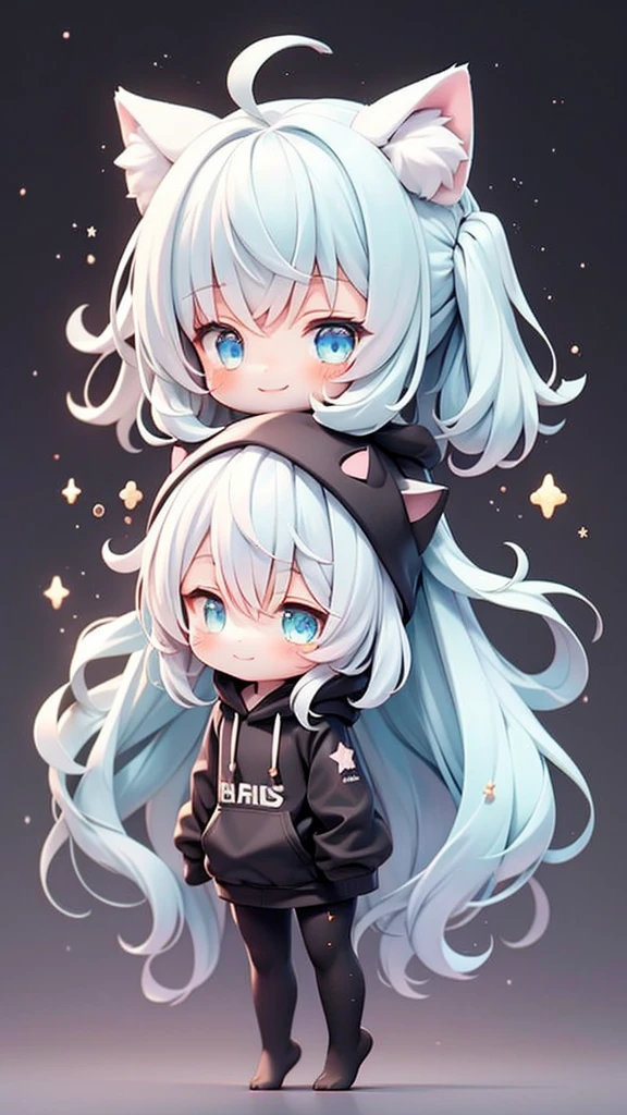beautiful girl，Cat ear，Long white hair，Light blue eyes，cute, young, Black tights, Wearing an oversized hoodie，sleeping，Confused eyes，smile，1 person，The background is a starry sky，beautiful girlのみ，Are standing，Hold out your hands，No shoes，chibi