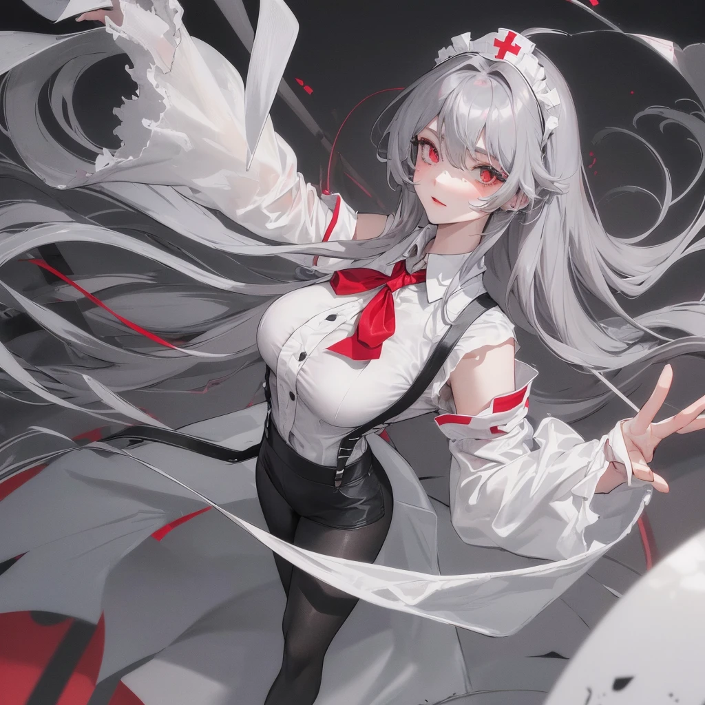 tmasterpiece、1 female student、gray silver cloth、Shoulder leakage、The chest is medium、confidence、elegant, smart, cold face、Black suspender tights、lace leggings、pale pink lip、posing at school,(drenched all over the body),legs are open, solo, White polo shirt, looking at viewert, (Thigh thick:1.0)red and gray heterochromia eyes, red eyes, red right eye, gray left eye, face flushed,Blunt hair,both hands on hip,greet,Flower headdress,Nurse's uniform, gray metallic hair, smooth long hair, straight hair with bangs, gray hairstyle, gray hair
