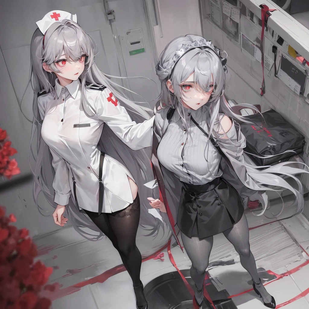 tmasterpiece、1 female student、gray silver cloth、Shoulder leakage、The chest is medium、confidence、elegant, smart, cold face、Black suspender tights、lace leggings、pale pink lip、posing at school，（drenched all over the body），legs are open， solo, White polo shirt, looking at viewert,  (Thigh thick:1.0)red and gray heterochromia eyes, red eyes, red right eye, gray left eye, face flushed,Blunt hair,both hands on hip，greet，Flower headdress，Nurse's uniform, gray metallic hair, smooth long hair, straight hair with bangs, gray hairstyle, gray hair
