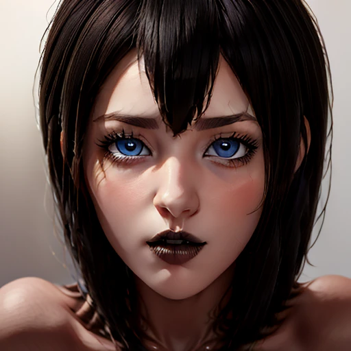 Sexy and vuluptuous girl, big blue eyes white skin short hair bob style thick and voluminous lips perfect detailed look seductive and perverted, HD closeup gothic makeup black lips , black manicure and big breasts huge tits 