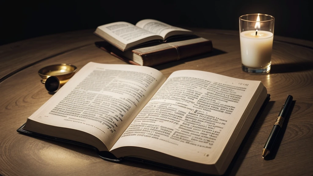 creates a bible on a table and a glass of water and candle next to it with golden tones in the image with a dark background with space at the top of the image