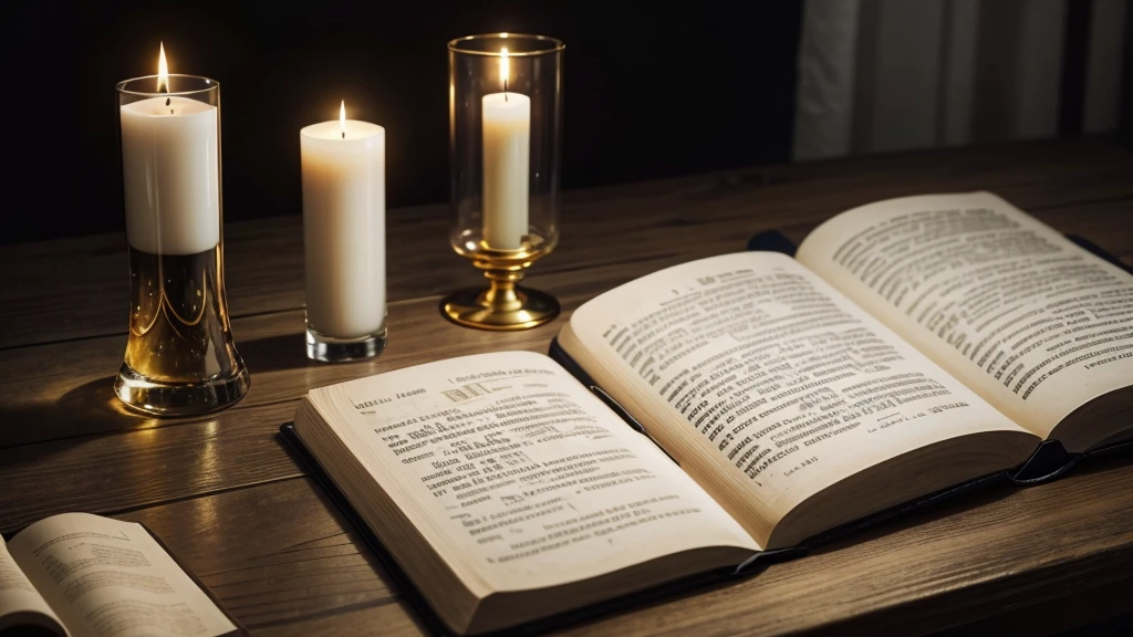 creates a bible on a table and a glass of water and candle next to it with golden tones in the image with a dark background with space at the top of the image