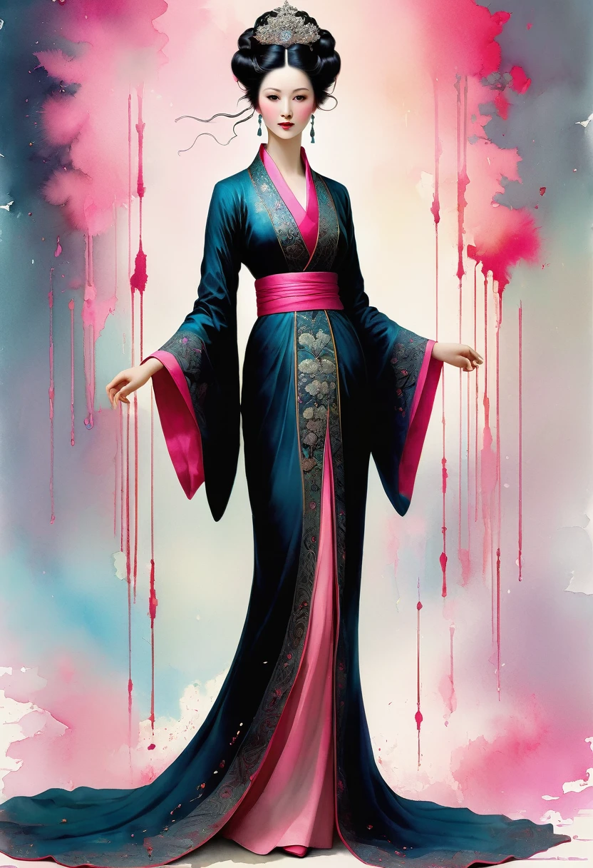 (full body:1.8), portrait of a beautiful empress, blue glowing eyes, imposing look, strong pose, porcelain skin, long black hair, ornate traditional robe, Harrison Fisher and Catrin Welz-Stein art style, vivid colors, pink color palette, highly detailed, cinematic lighting, dramatic pose, elegant, graceful, regal, intricate details, masterpiece, photorealistic, 8k, best quality