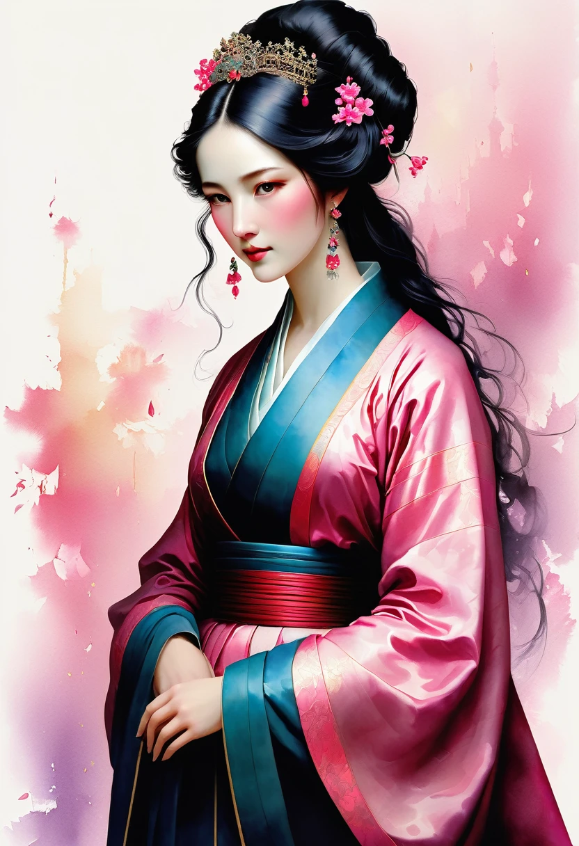 (full body:1.8), portrait of a beautiful empress, blue glowing eyes, imposing look, strong pose, porcelain skin, long black hair, ornate traditional robe, Harrison Fisher and Catrin Welz-Stein art style, vivid colors, pink color palette, highly detailed, cinematic lighting, dramatic pose, elegant, graceful, regal, intricate details, masterpiece, photorealistic, 8k, best quality