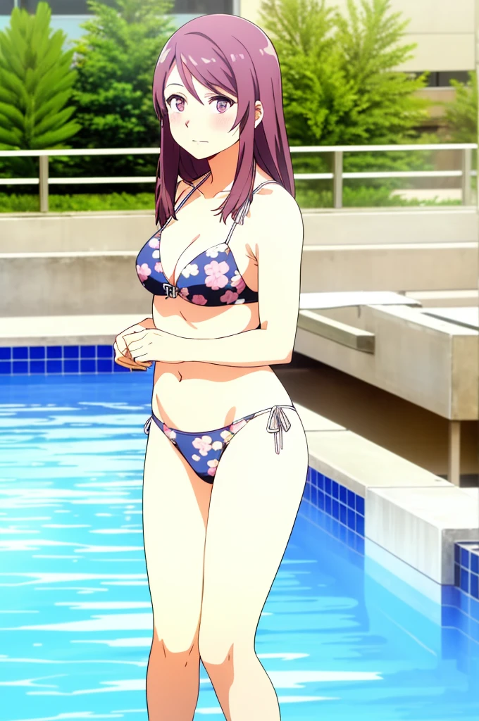 (highest quality:1.4), 8K resolution, Ultra HD, (High resolution:1.4), cinematic light, ung girl, troubled face, very fine eyes,medium-sized chest、clear white skin, beautiful breasts, Mini miniature bikini with cute floral pattern, (cleavage:1.3), outdoor, swimming pool, Clear blue sky,blush