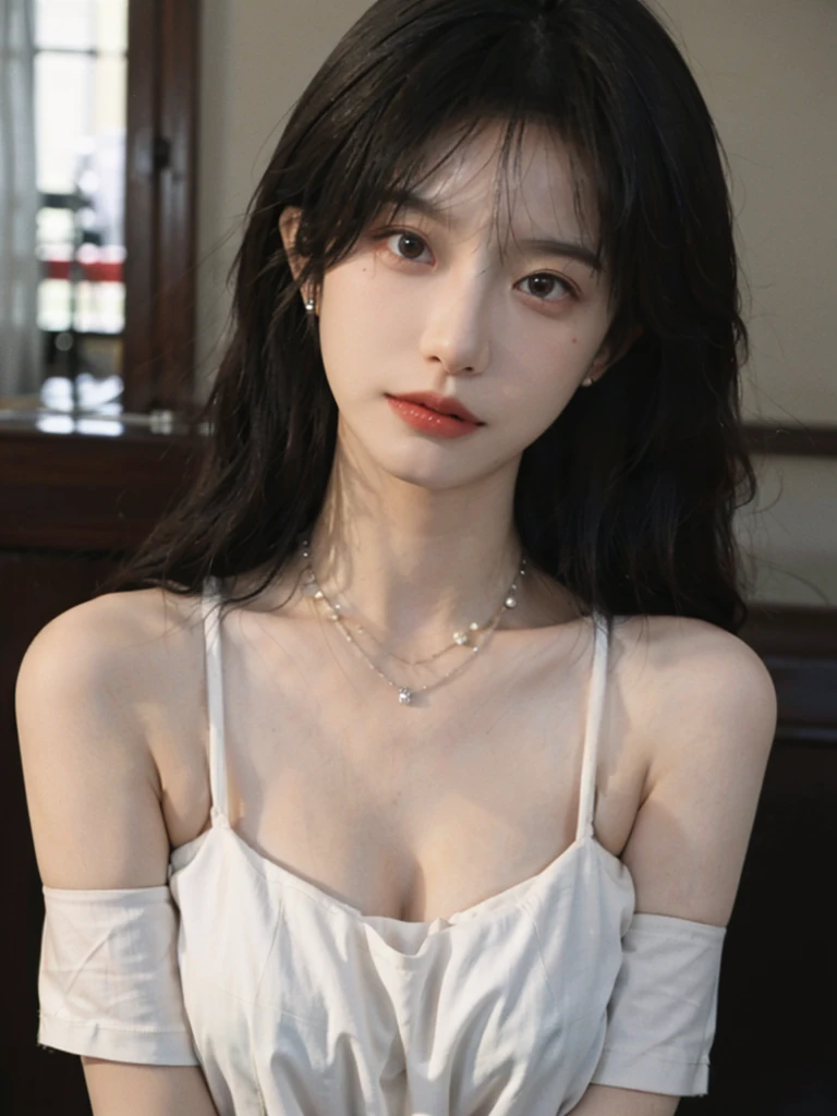 Film portrait photography, 1 girl, bare shoulders,lipstick，（flat chest：1.4）， Shoulder length wavy hair, wear necklace，scarf，earrings，short sleeves，serene, calm, (Realistic and detailed eyes, natural skin texture, Realistic facial details), Soft dramatic lighting, depth of field, Bokeh, big breasts，Areola，split，cleavage，Vibrant details, Detailed and detailed, surreal, 35mm film, hazy, ,